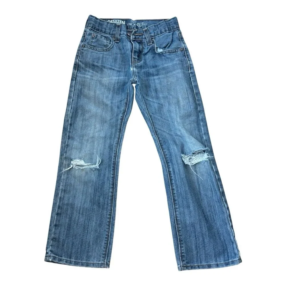 Denizen Levis Boys 218 Slim Straight Distressed Ripped Blue Denim Jeans Sz 8 Adj